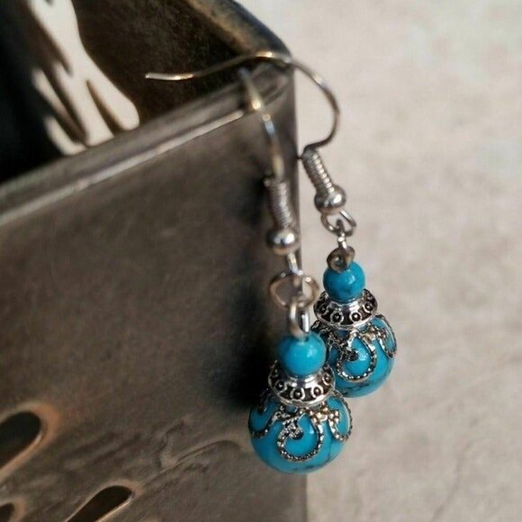 Handmade Turquoise Victorian Lace Art Nouveau Gemstone Bead Drop Earrings - Picture 1 of 7